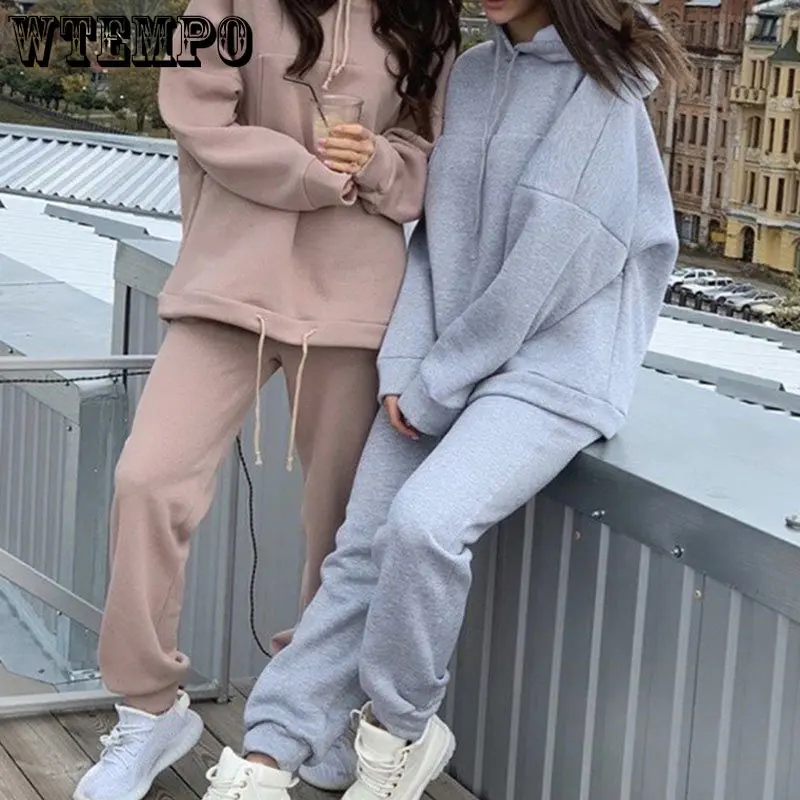 

Флисовый женский спортивный костюм WTEMPO, комплект из двух предметов с капюшоном, зимние однотонные джоггеры с длинным рукавом, брюки, костюм, женский повседневный комплект спортивной одежды