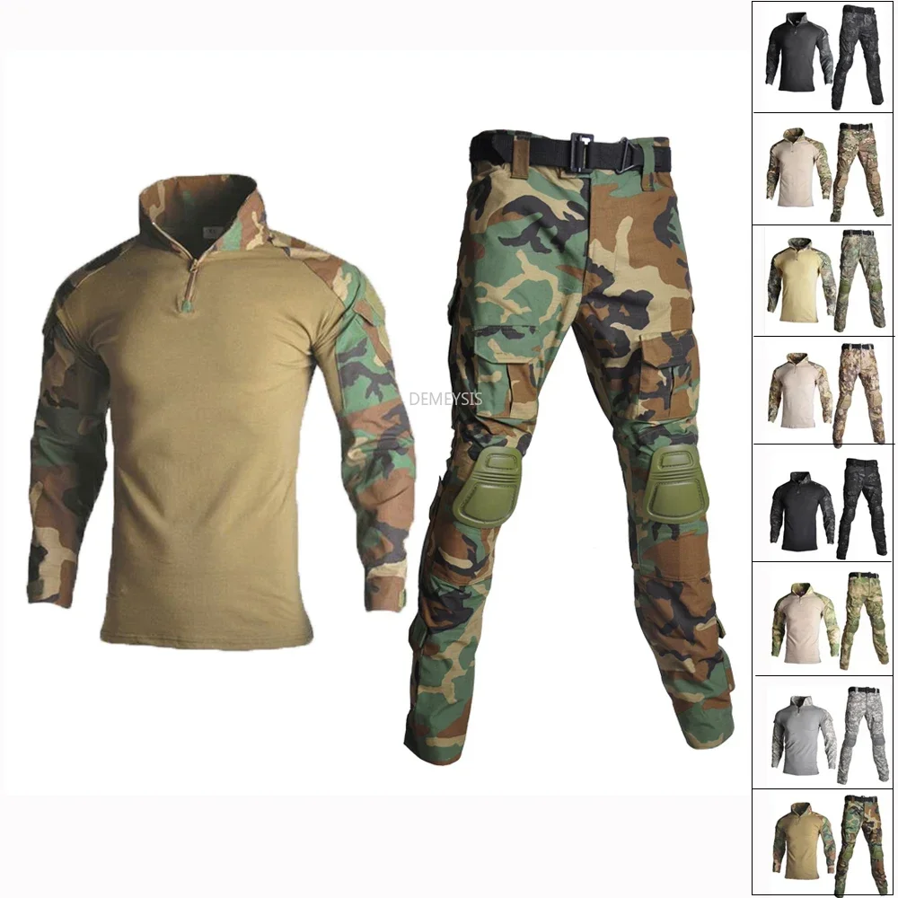 Woodland Camouflage Uniform Tactical Combat Suit Airsoft War Game Clothing Shirt + Pants Elbow Knee Pads tactical suit,combat uniform