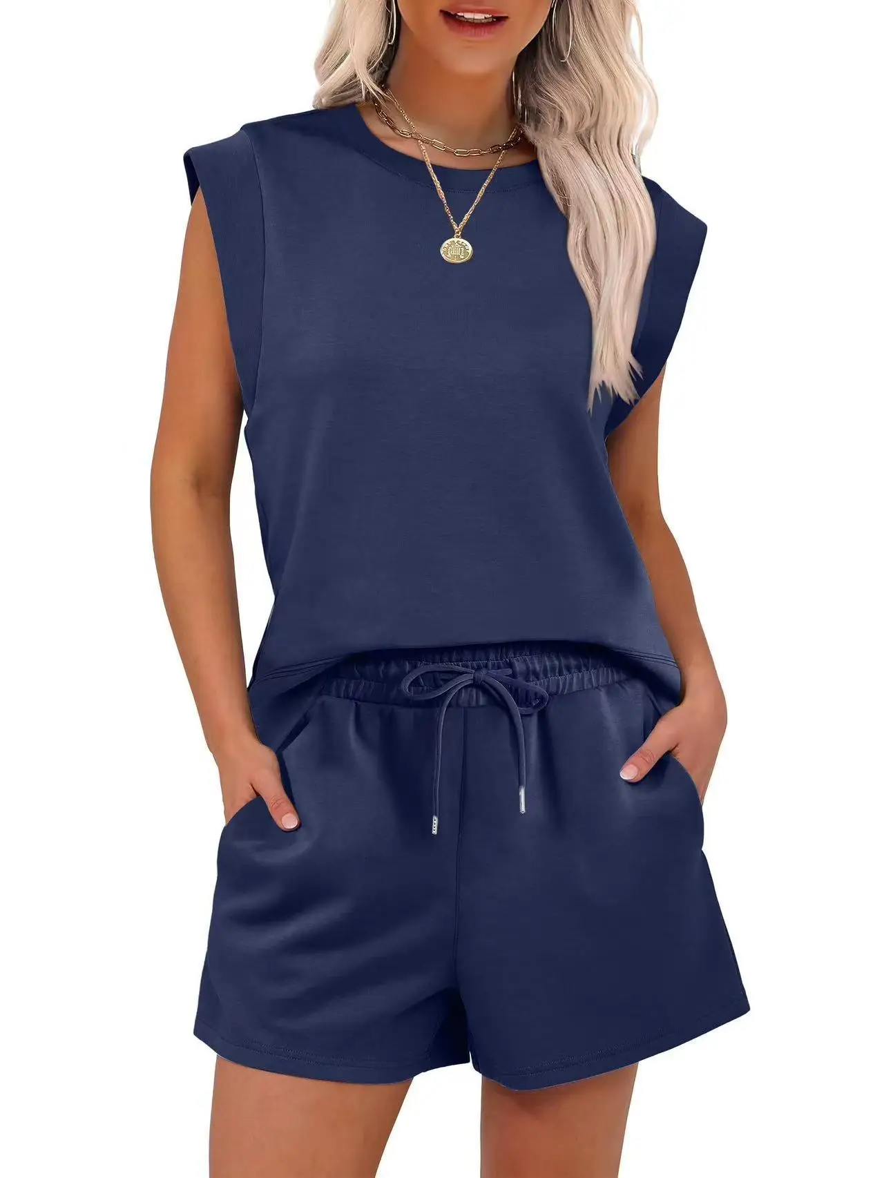 Women'S Summer Two-Piece Set Round Neck Cap Sleeve Top With Pocket Shorts Set 2025 New Women Slim Tops + Shorts Sets 2