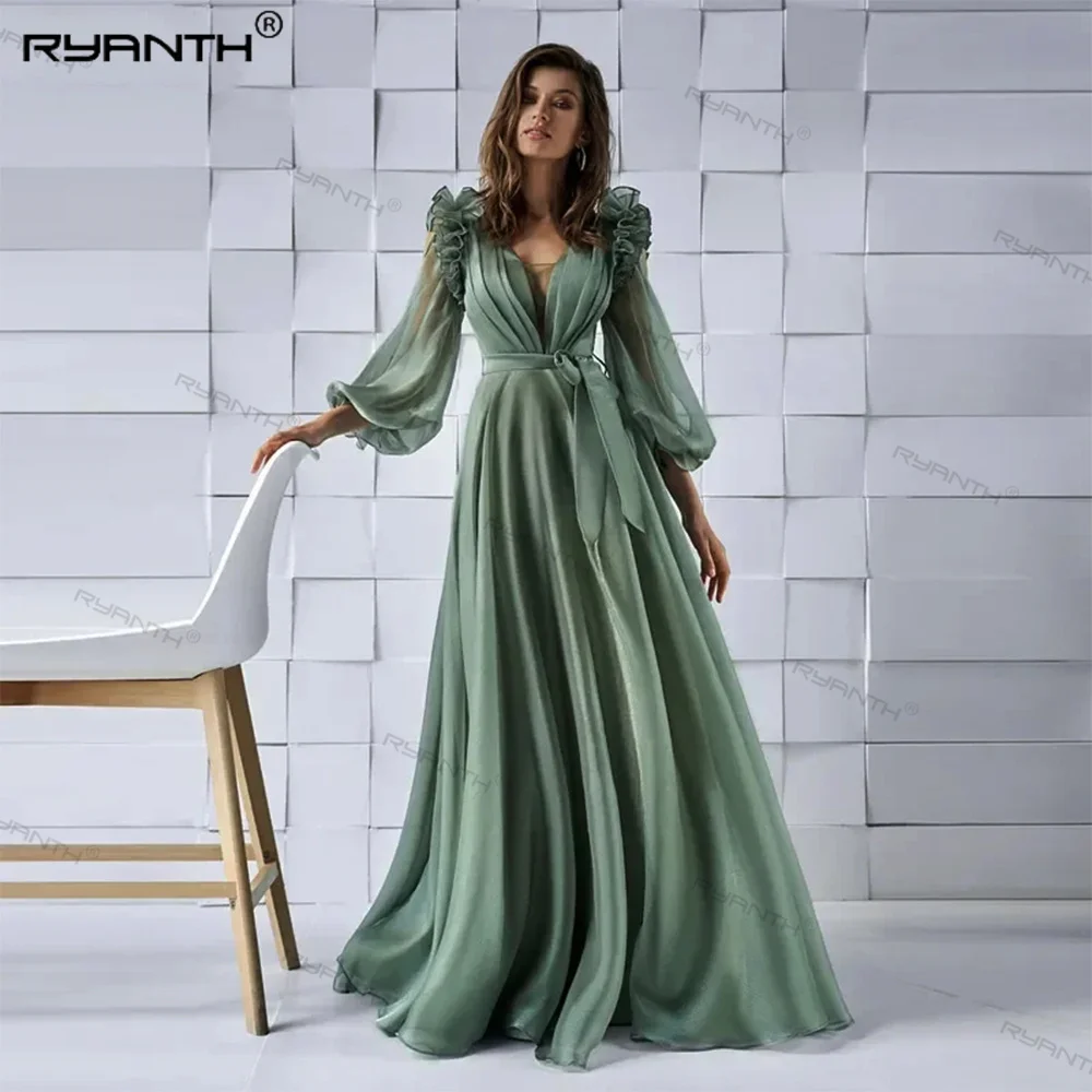 

Long Puff Sleeve Evening Dresses for Women A-Line Elegant Party Formal Prom Dress V-Neck vestidos de noche Special Events 2024