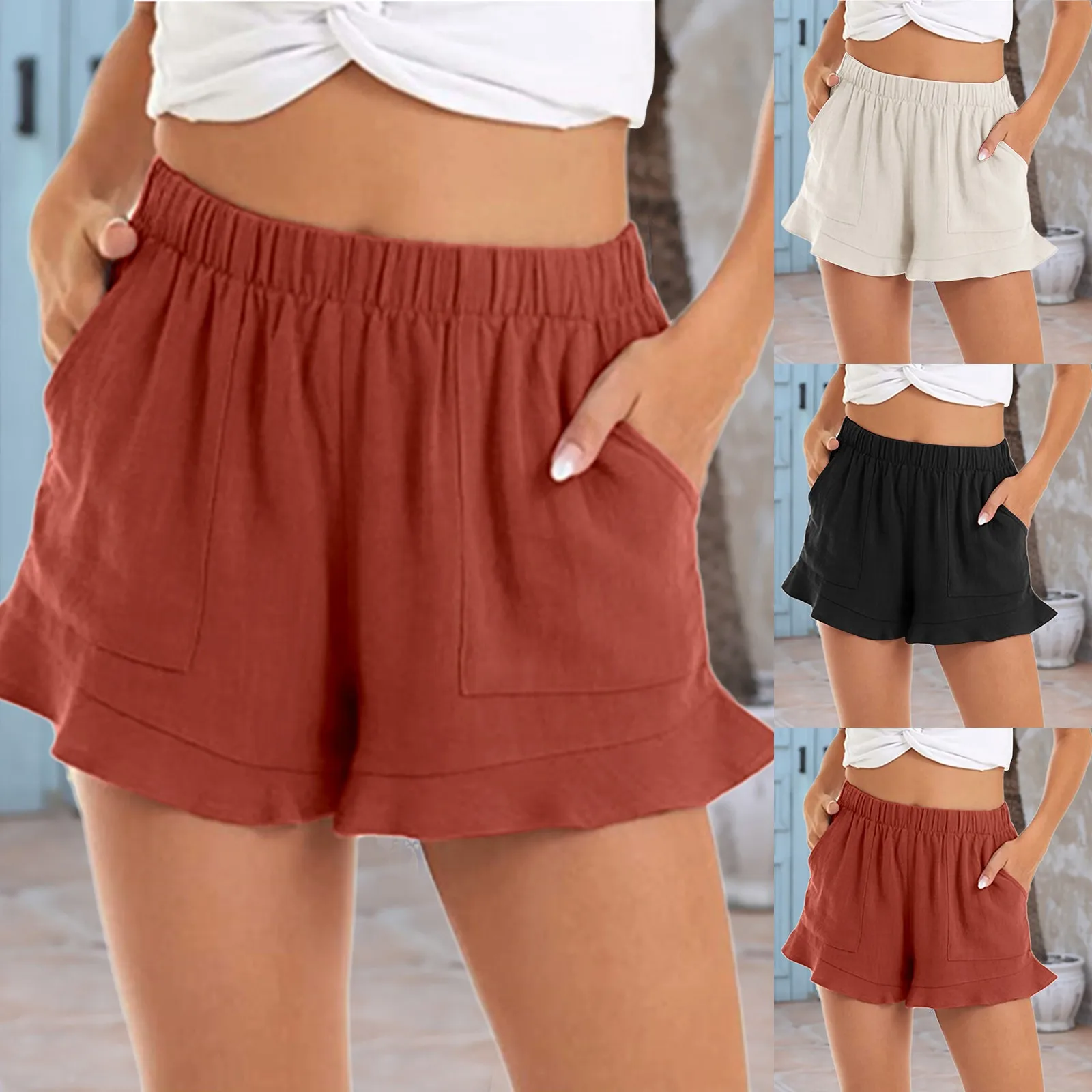 

Summer Solid Shorts y2k Clothes Women Elastic Waist Ruffles With Pockets High Waist Casual High Waist A-line Shorts