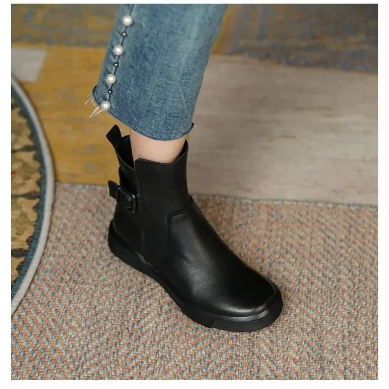 Winter Women's Shoes Leather Casual Flat Ankle Boot Female Platform Short Booties 2023 New Retro Boots for Women Autumn