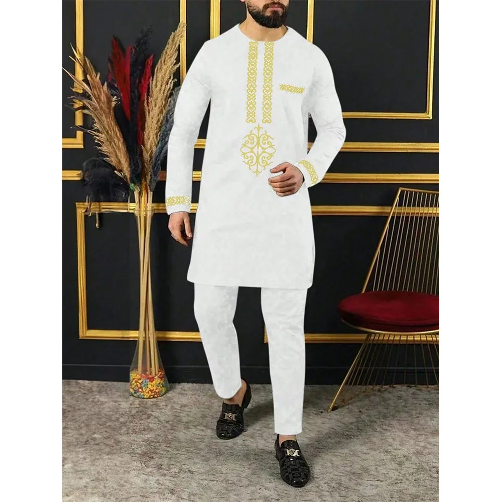 thumbnail image 1 of Conjunto étnico tradicional africano nuevo 2024 para hombre, cuello redondo, manga larga, dos piezas, conjunto de lujo para banquete de boda o fiesta, 1 of 5