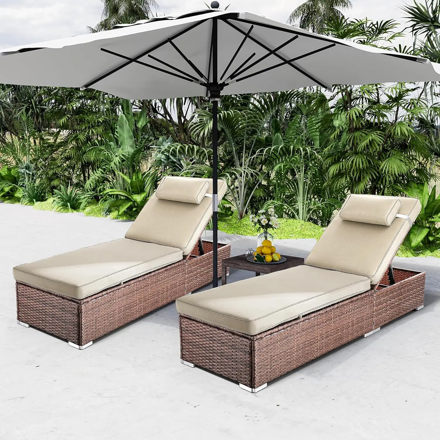 2-Pc PE Wicker Lounge Set w/Cup Holder & Adjustable Backrest, Brown Rattan for Poolside/Deck/Beach (Beige Cushions)