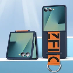 Enhanced Shockproof Wristband Phone Case with Official Strap and Ring, PC Skin - feel Finish - Galaxy Z Flip 8 (Blue Orange)
