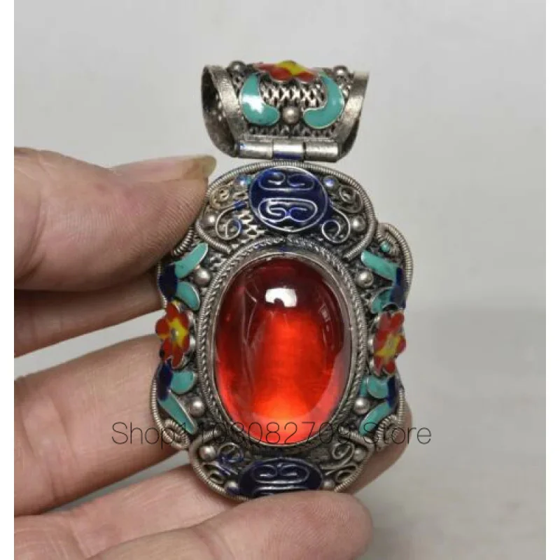 7.5Cm Raro Vecchio Cinese Miao Argento Cloisonne Intarsiato Gemma Dinastia Ciondolo Fiore