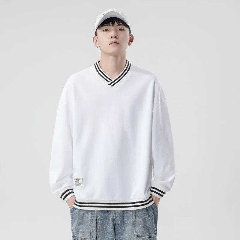 

M-3xl Mens Sweatshirts Spring Autumn Male Hoodies Long Sleeve V-neck Striped Loose Pullover Casual Breathable Top Clothes Hy43