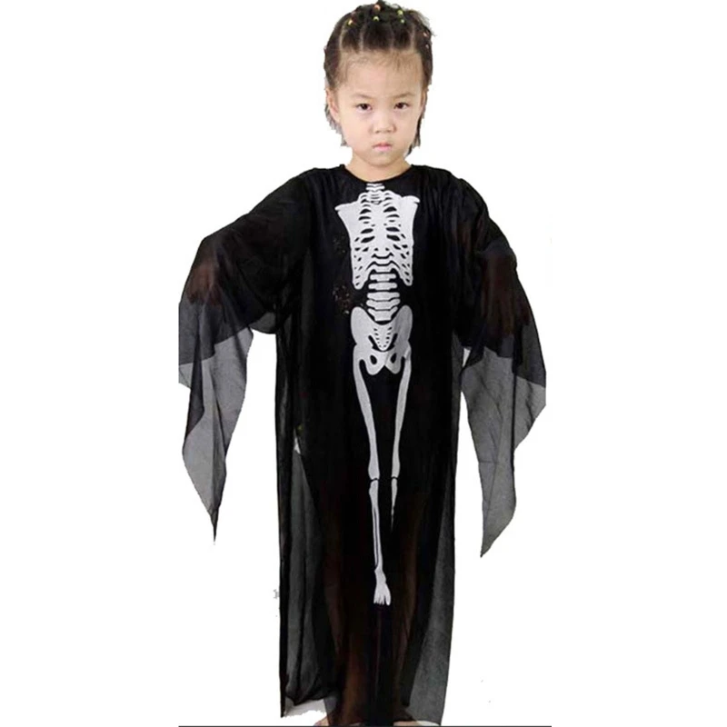 

E15E Halloween Skeleton Costume Robe Horror for Vampire Skull Devil Cloak Children Adult Dress Scary Cosplay Accessorie