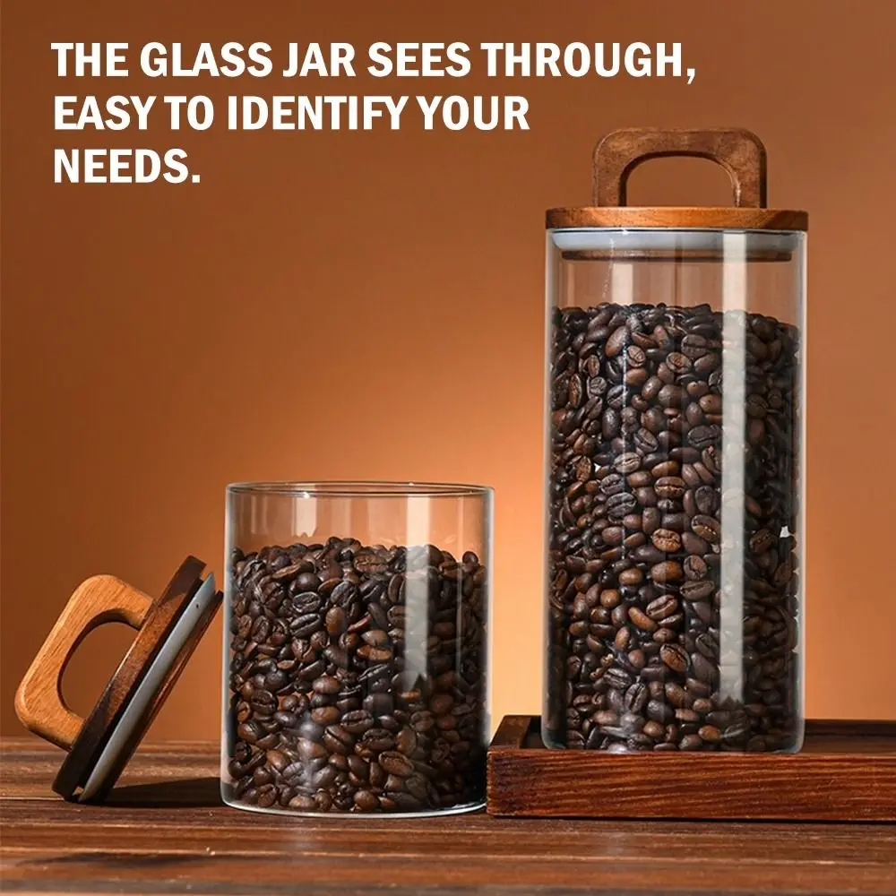 Wooden Handle Lid Glass Jars Condiment Storage Transparent Food Container Tea Coffee Beans Storage Sealed Bottles Kitchen 5