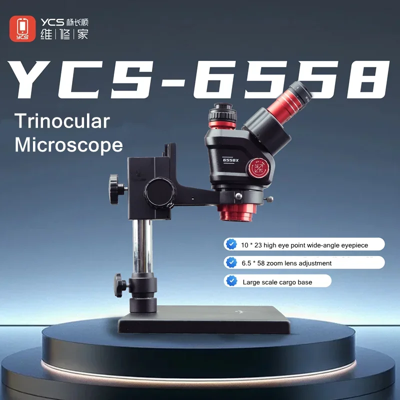 YCS 6558S 6558X 삼안 현미경 대형 베이스 6.5-58배 줌 X80 4K 카메라 모바일폰 PCB 용접 현미경 도구