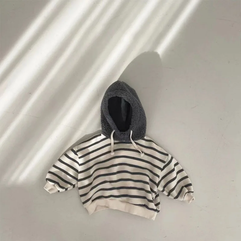 

3433C Baby Striped Fleece Hooded Sweater 2022 Autumn Fashionable Baby Boy Hooded Sweater Neutral Loose Pullovers Tops