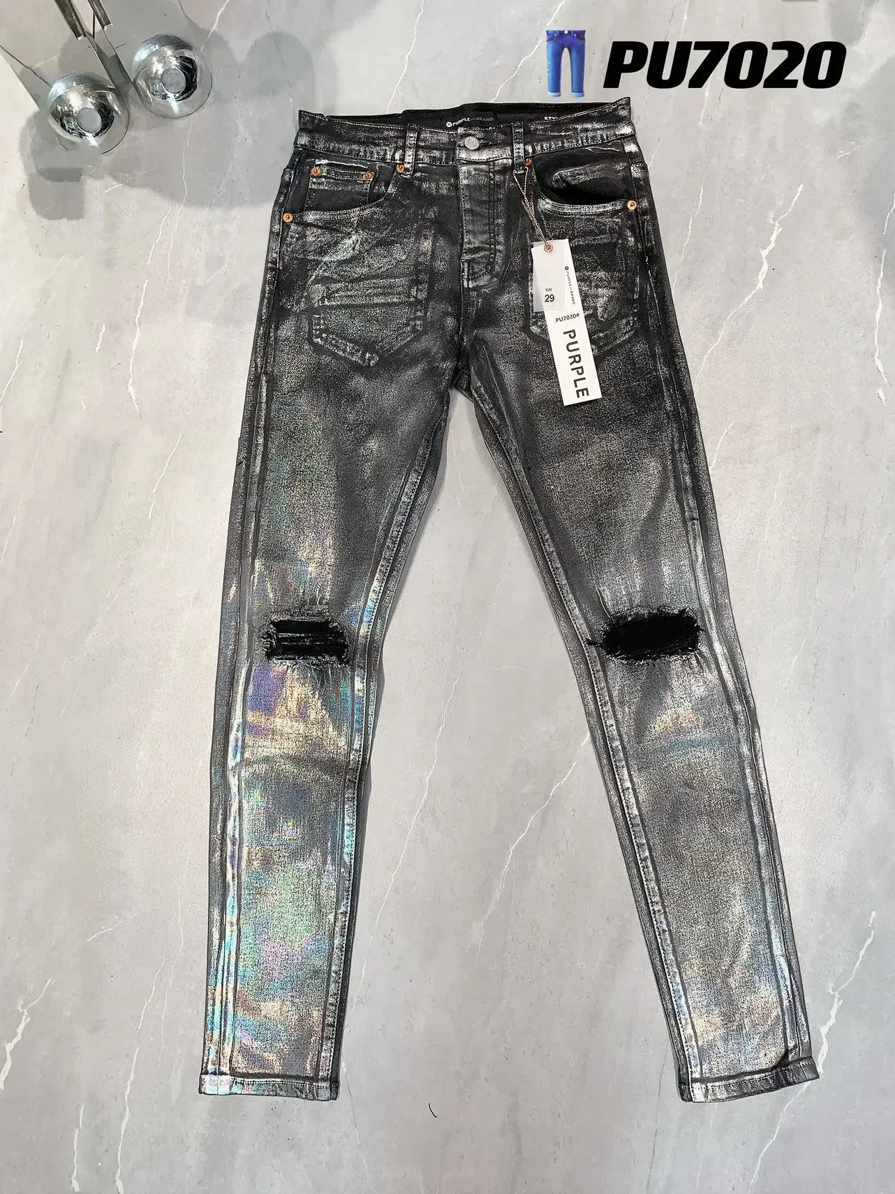 

Purple Brand Men's Distressed Slim Fit Streetwear Washed Destroyed Make Old Hole Ripped Jeans Denim Long Pants Trousers