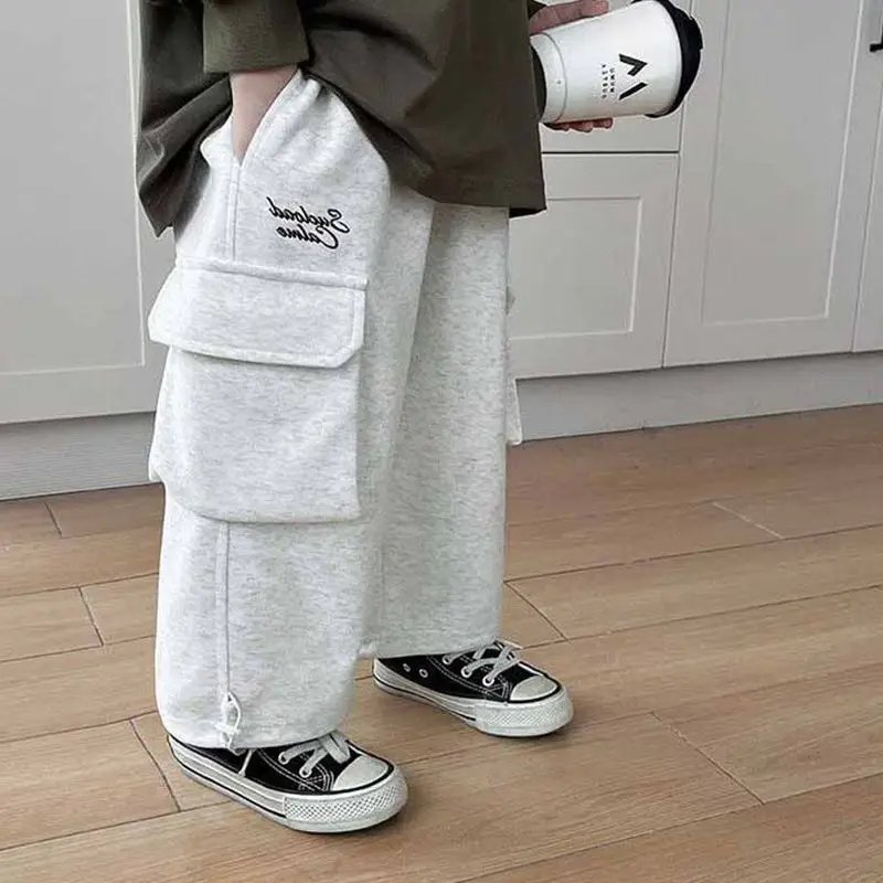 Black/grey Sweatpants Teen Boys Handsome Loose Straight Wide Leg Pants Streetwear Joggers Boys Pocket Casual Pants 2-12 Y