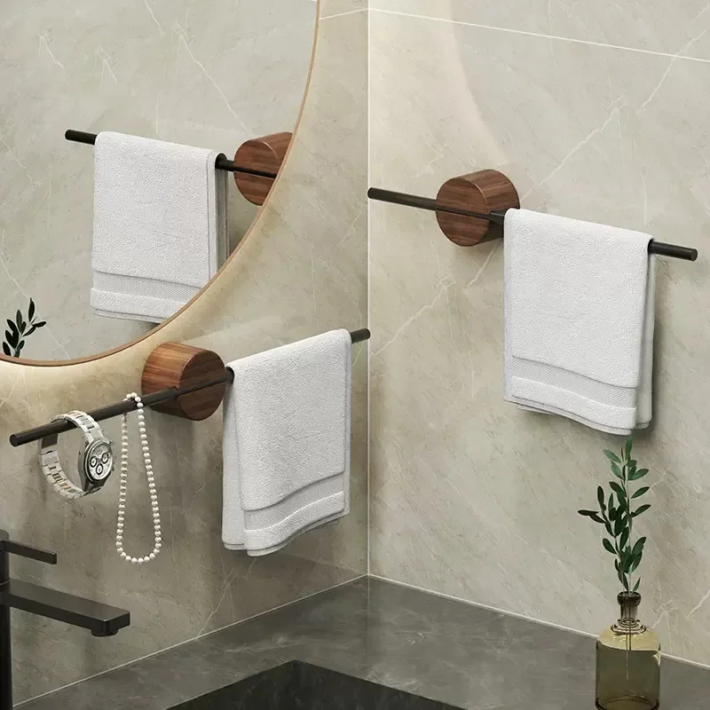 Wood Towel Rack shelves Hanger Bath Towel Holder Wall Hanging Towel Bar Space Aluminum Bathroom Shelf Kitchen Storage Rack 2