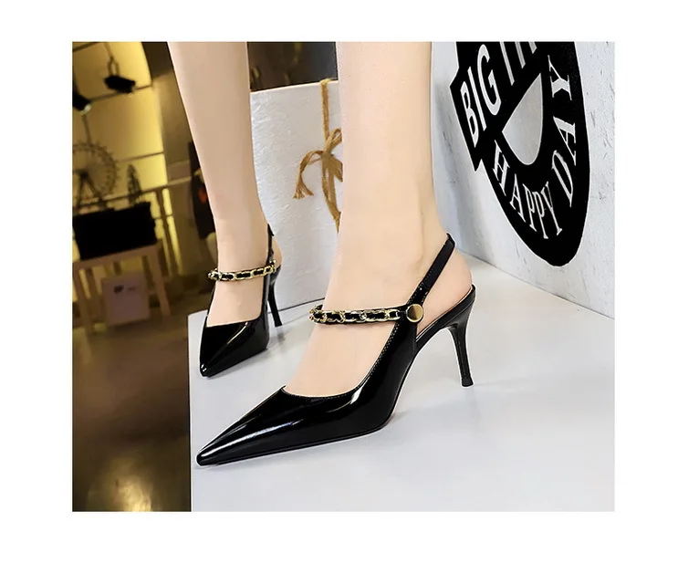Shoes Metal Chain Women Pumps Patent Leather New Women 7 Cm 9.5 Cm Heels Women Summer Stilettos Sandals High Heels
