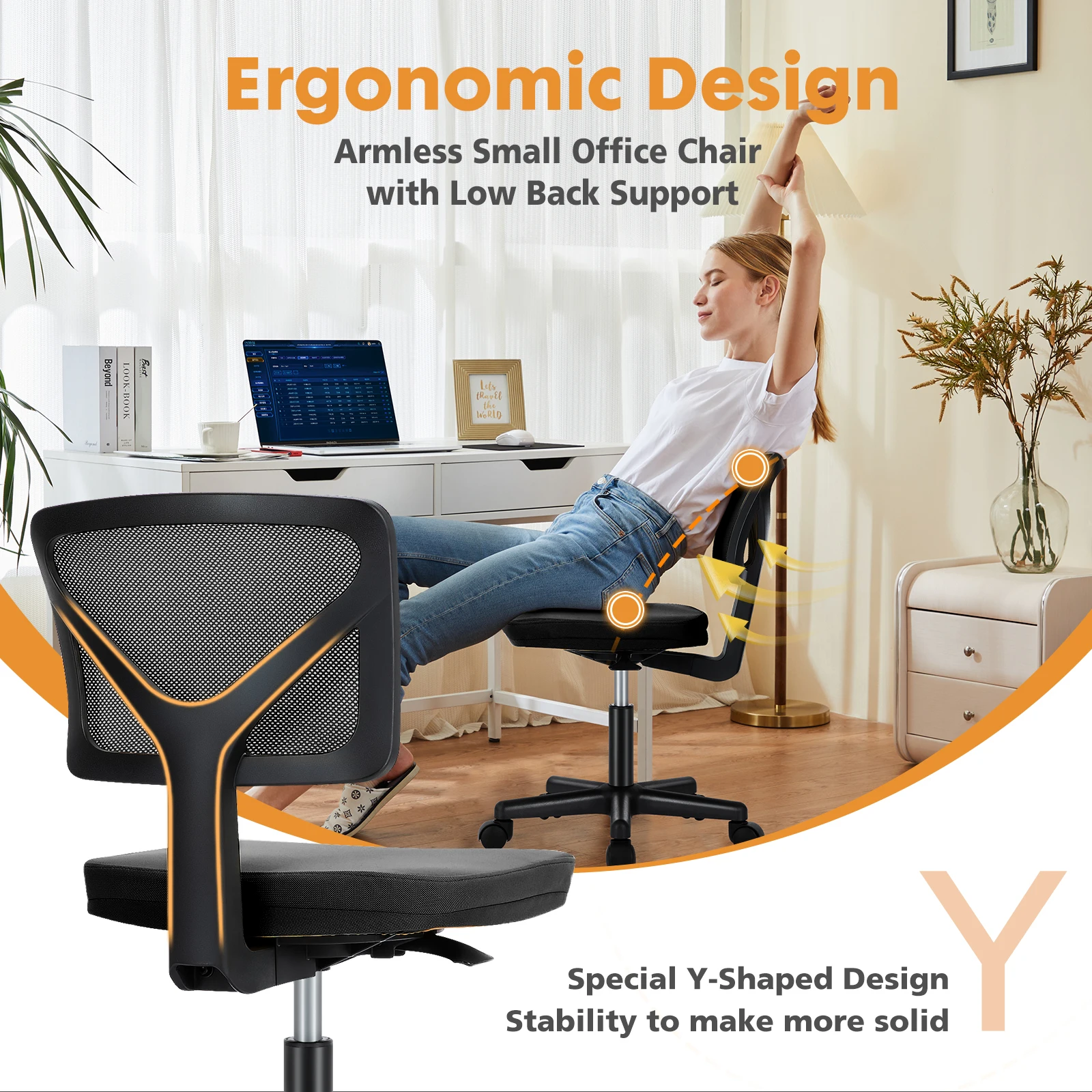 JHK Mesh with Lumbar Support Armless Office Chair Low Back with Wheels Adjustable Height 360° Rolling Swivel Computer Chair 4