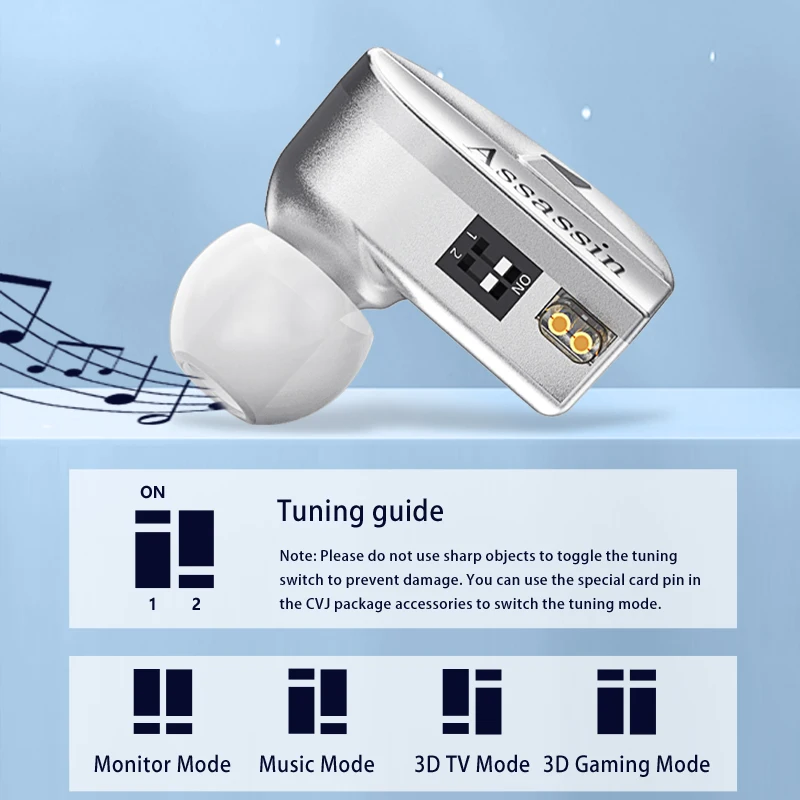 CVJ Assassin Silver in Ear Earphones 1BA+1DD+1Vibrate Game Mode HIFI Microphone Hybrid Tuning Switch Wired Earbuds IEM Headphone