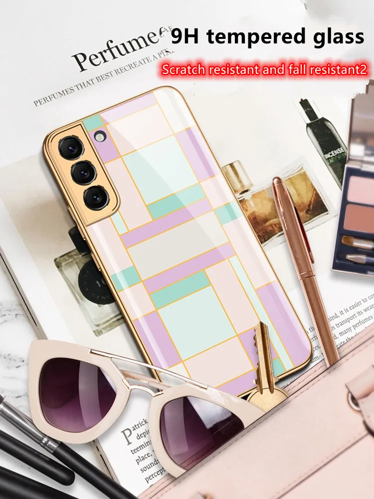 samsung silicone Geometric Phone Case For Samsung S22 Case Glass Ultra-thin for S22Plus S22Ultra Patterned Full Coverage funda Scratch Proof Cute kawaii phone cases samsung