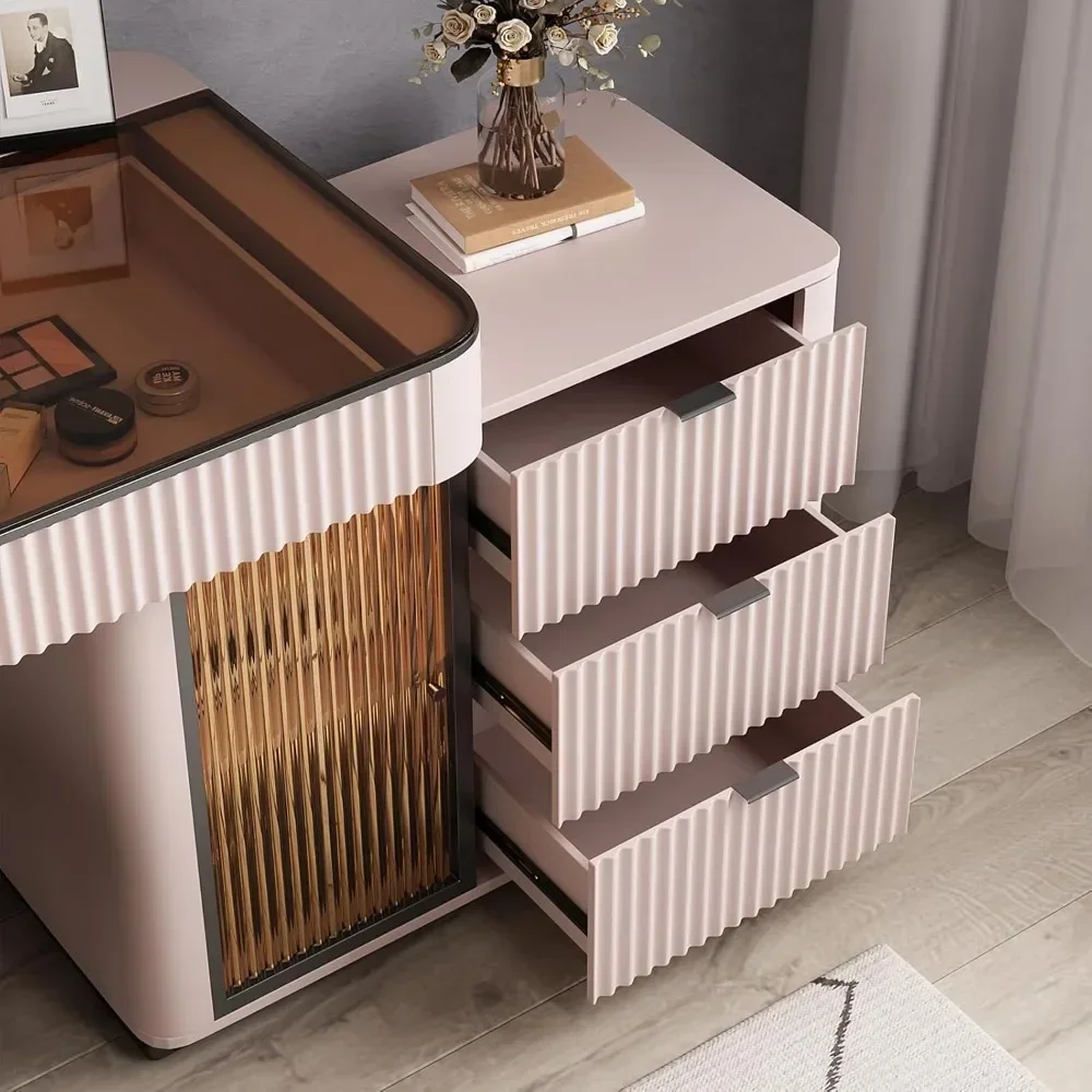 Makeup Vanity, Dressing Table Desk Super Storage, with LED Light Vanity Mirror with ash Full Solid Wood upholstered Vanity Stool 3