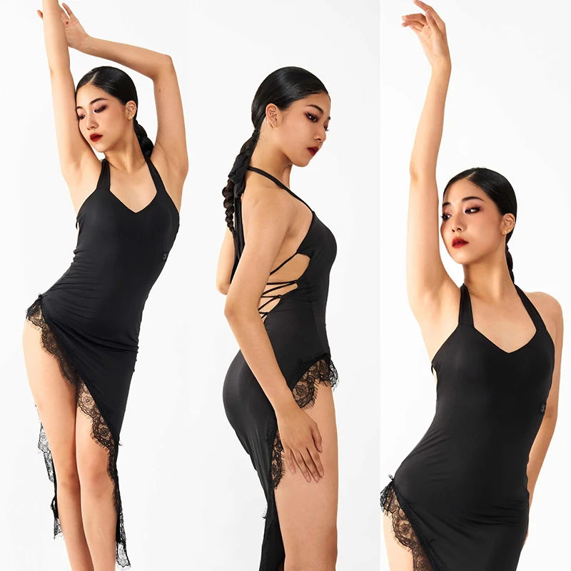 

Sexy Black Lace Latin Dance Dress Women High Slit Tango Dance Performance Clothes Rumba Salsa Dresses Club Party Wear DNV19808