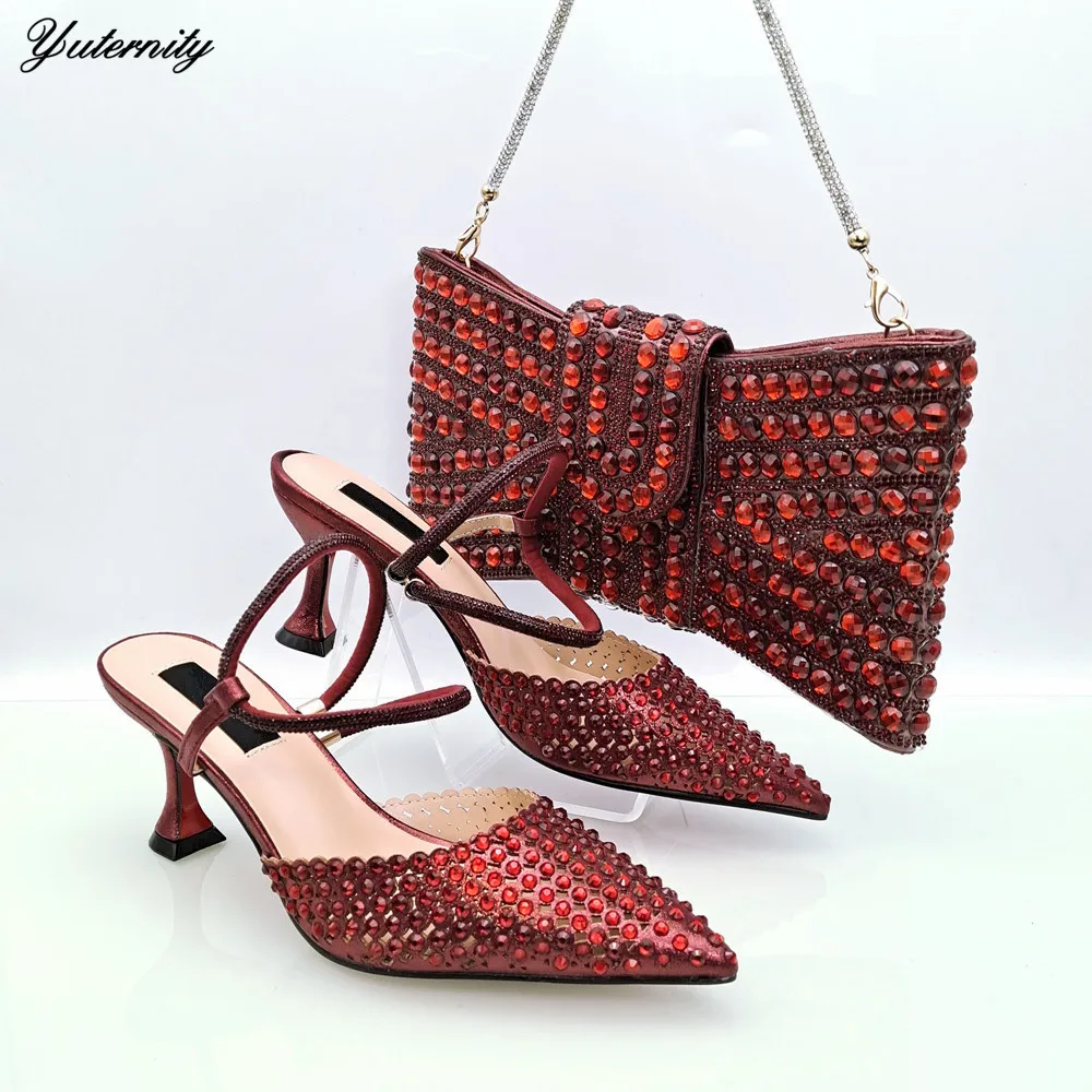 

High Quality Italian Party Shoes And Matching Bag Set Fashion Summer Slipper Decorated With Rhinestone Shoes And Purse Set