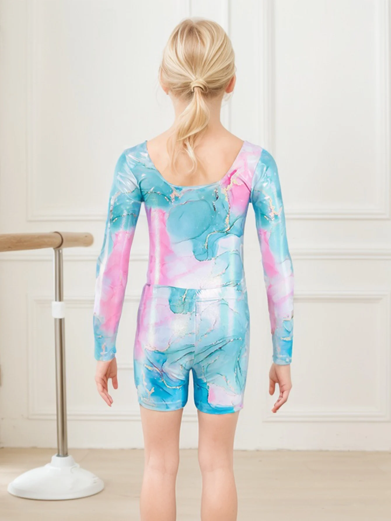 Three-Piece Gymnastics Leotards, Girls Long Sleeve Gymnastics Set with Shorts and Hairband, Sparkling Ballet Dancing Unitards
