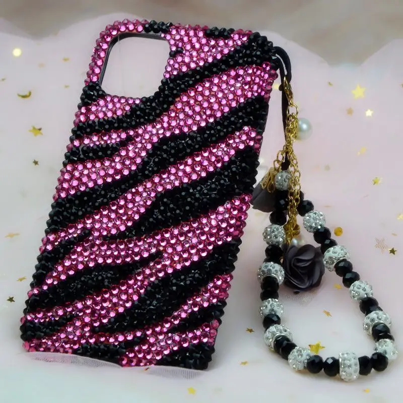 Luxury Rhinestone Black and White Zebra Pattern Phone Case Protective Cover for iPhone 15 Pro Max 14 Plus 13 12 11 Xsmax Xr