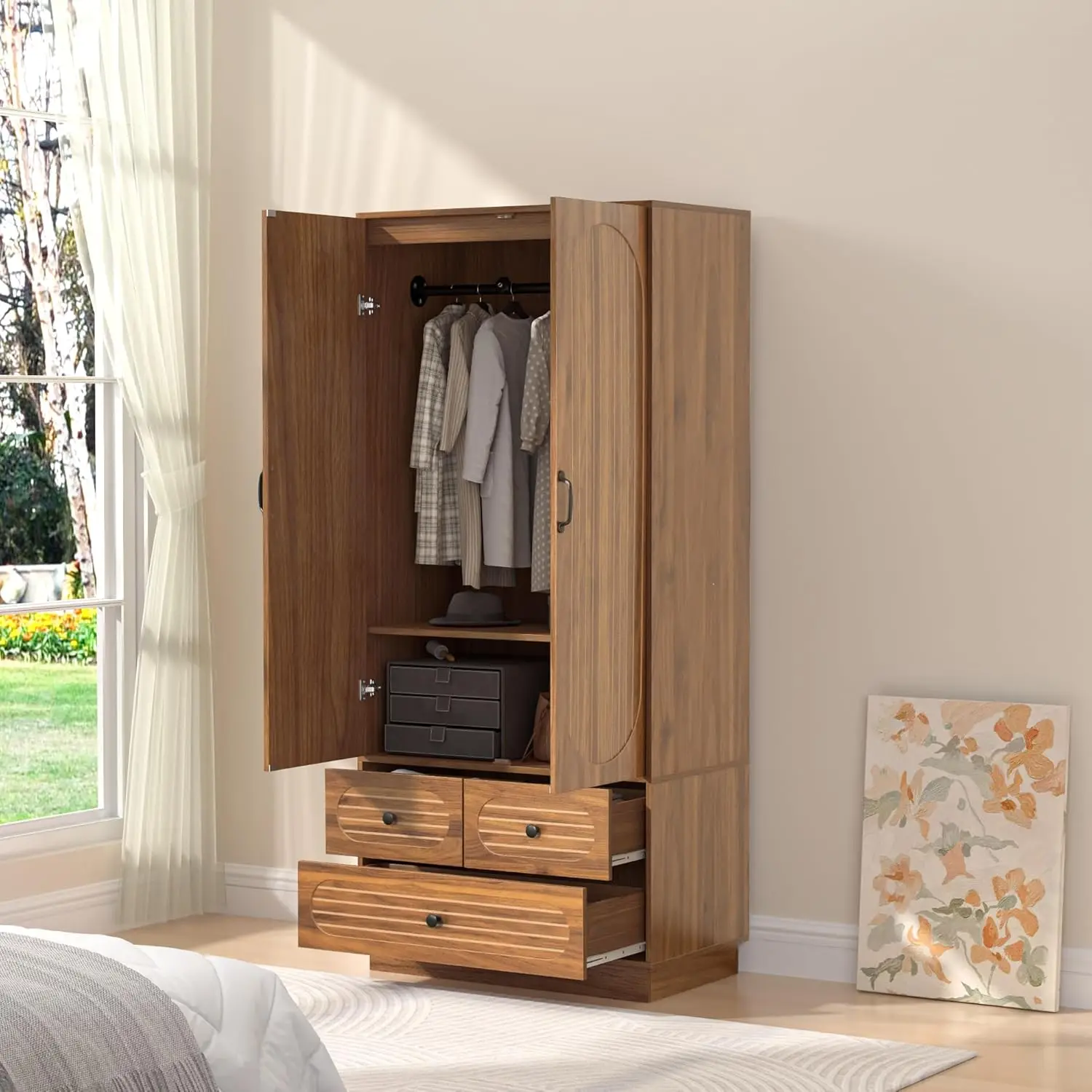 Mid-Century Modern Walnut Armoire w/3 Drawers, Hanging Rod & Shelf - Tall Clothing Storage Cabinet for Bedroom
