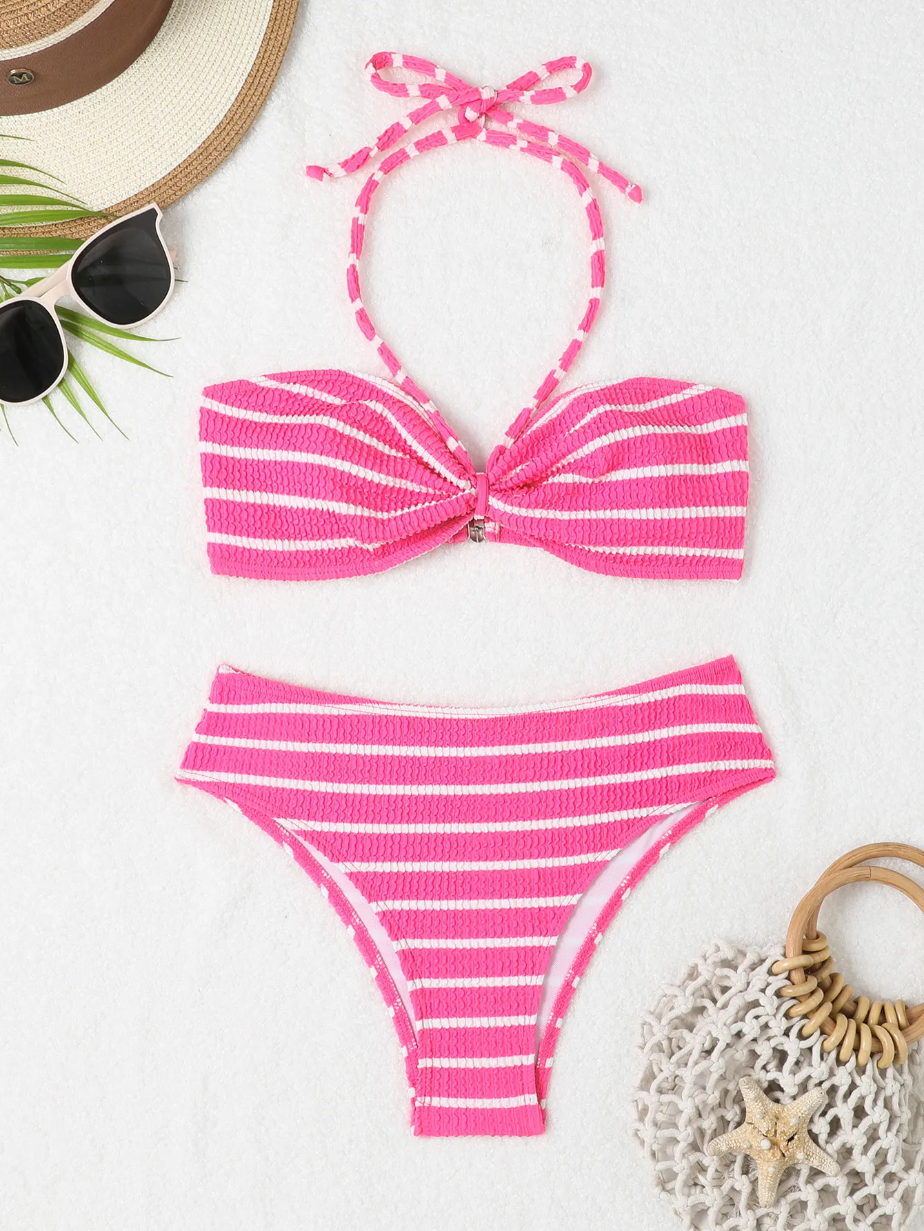 Striped Bandeau Bikinis 2024 Women Sexy Thong Swimsuit Push Up Swimwear Female High Waist Bathing Suit Swimming Summer Beachwear