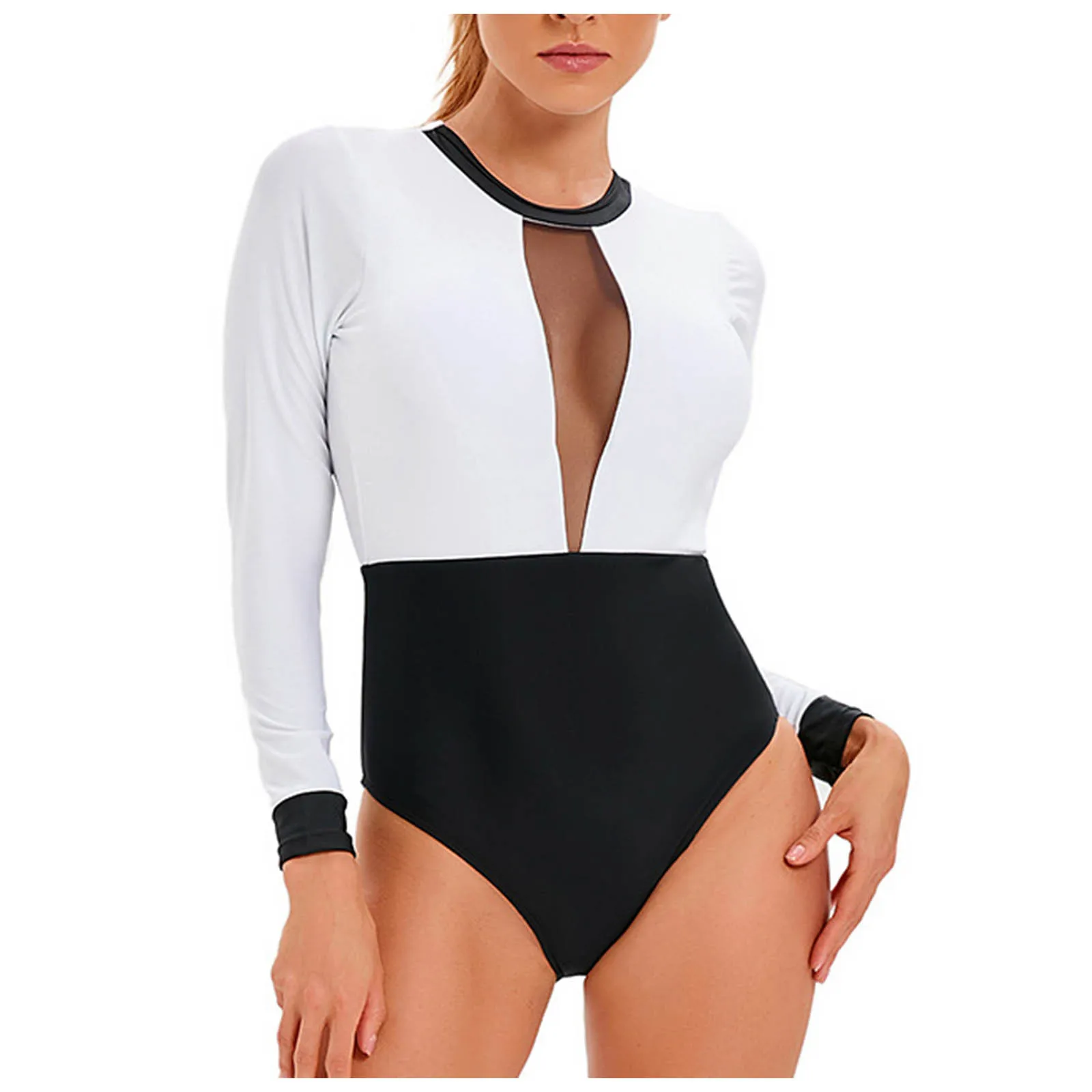 

Women's Sexy A Piece Of Bathing Set Color Matching Swimsuit Long Sleeve Hollow Mesh Swimsuits Slimming Mesh Swimwear ビキニ　レディース