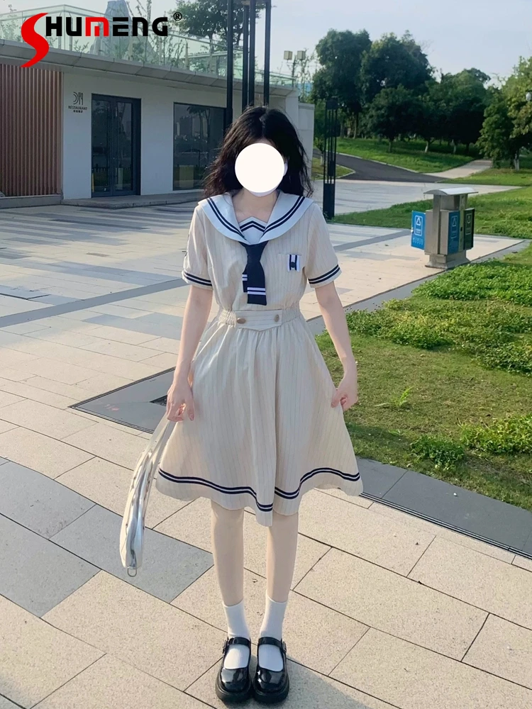 

JK Uniform Pleated Dress Summer 2024 Junior High School Students Japanese College Style Sailor Collar Short Sleeve Dress Women