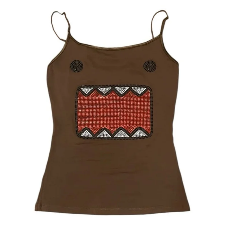 Sommerliches Y2K braunes Domo Kun Monster-Tanktop mit Strass-Print und Spaghettiträgern für süße Kawaii-Streetwear und lässige Outfits