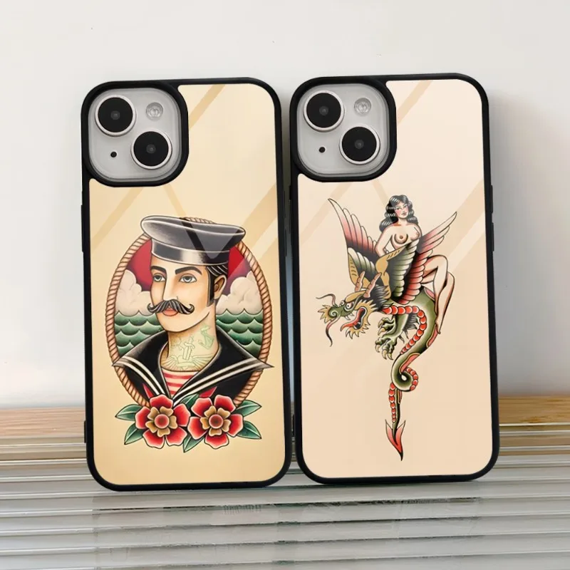 Cool Old School Tattoo Phone Case Per Iphone 14 Pro Max 12 11 13 Mini 6 8 7 Plus X Xs Xr Pc + Tpu Design Cover Posteriore