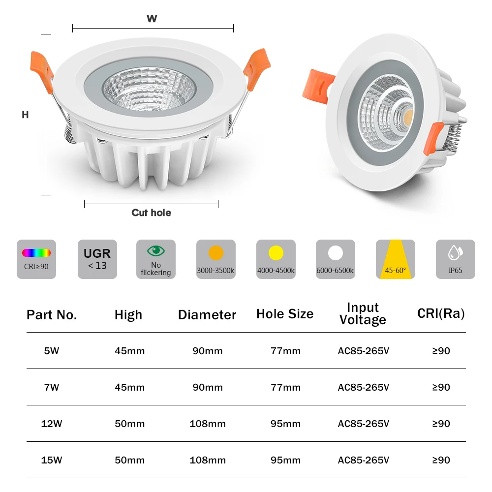 IP65 Waterproof COB Spotlight Led Recessed Anti-Glare Ceiling Lamps AC85-265V Bathroom Shower 12W Downlights Anti-Fog Downlight images - 6