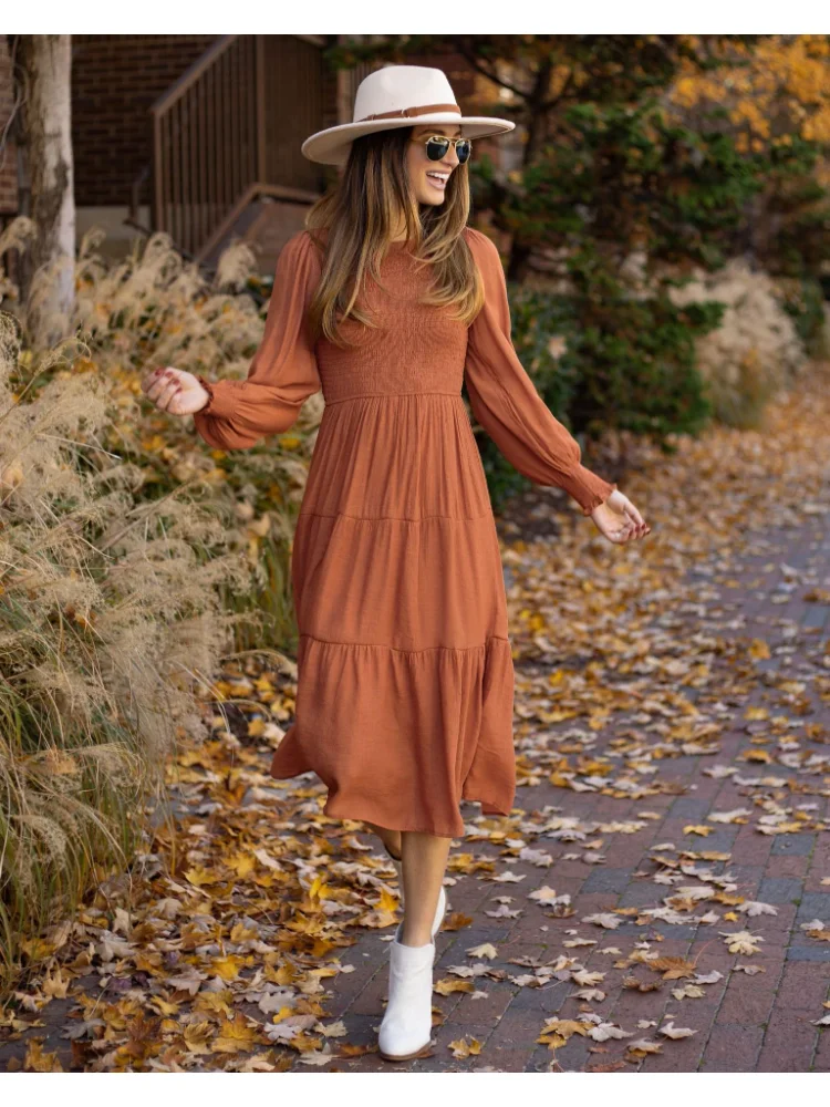 

Women Autumn Winter Solid Midi Long Dress Elegant Casual Fashion Office Lady Pullover O Neck High Waist Long Sleeve Sweet Dress
