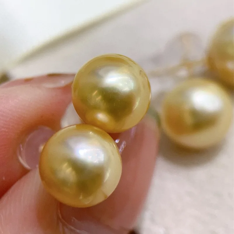 Classic Simple 11-12mm Golden Pearl Earrings for Women Round Sea Pearl Fashion Party Wedding Jewelry