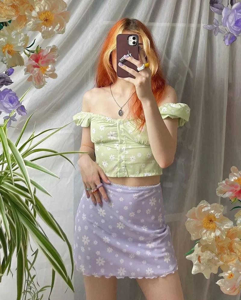 Women's Skirt Floral Print Mesh Double Layer High-waisted Mini Skirts 2025 New Summer Streetwear Club Boydcon Vintage Y2K Skirt