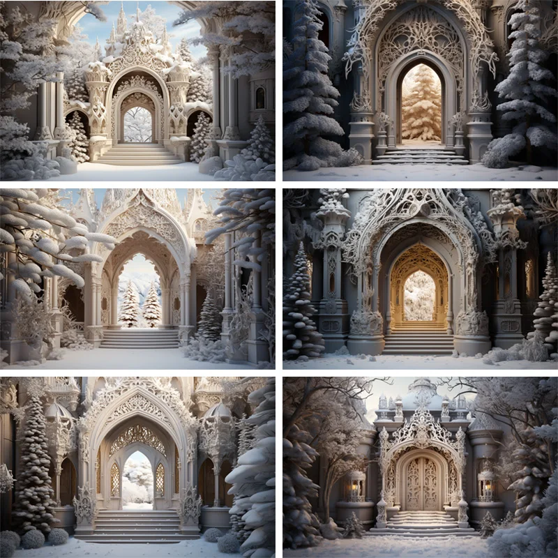 

Photography Backdrop Christmas Castle Gate White Xmas Tree Snow Snowflake Decor Kids Adult Portrait Photo Background Banner