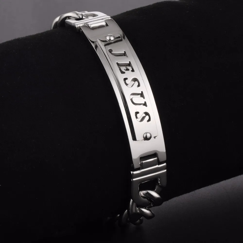 Men's Silver Stainless Steel Jesus Link Chain Bracelet