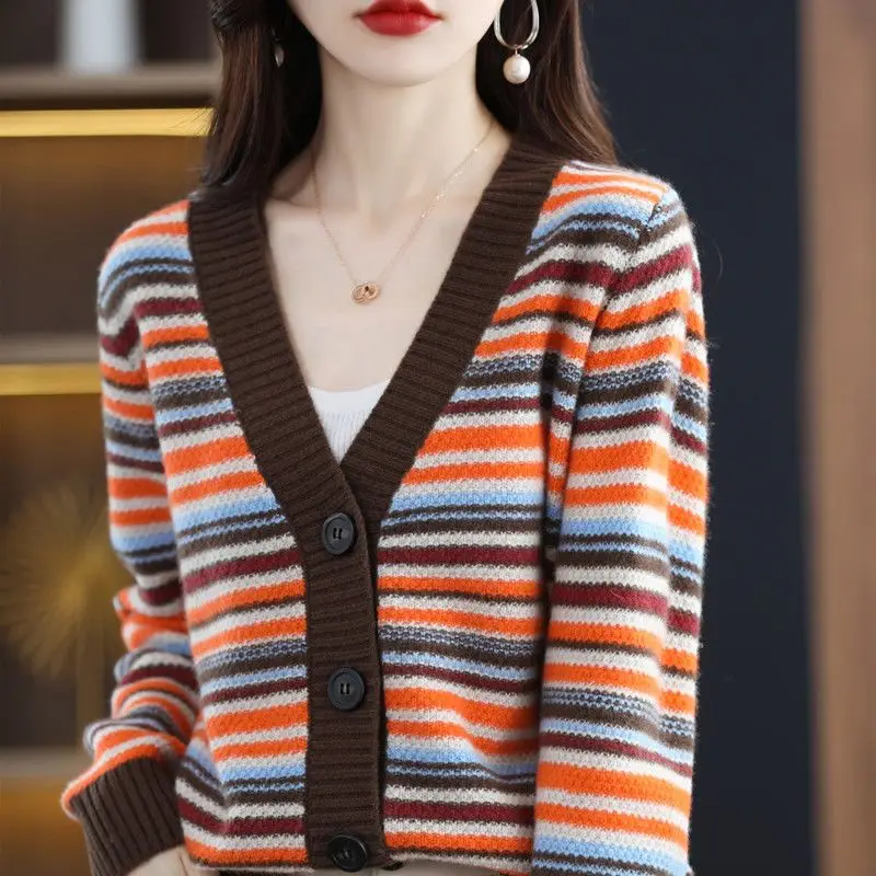 

Sweater 2023 Autumn Cardigan Sweater Women Autumn V-neck Vintage Stripe Top Korean Loose Knitted Sweater Cardigan Female Coat