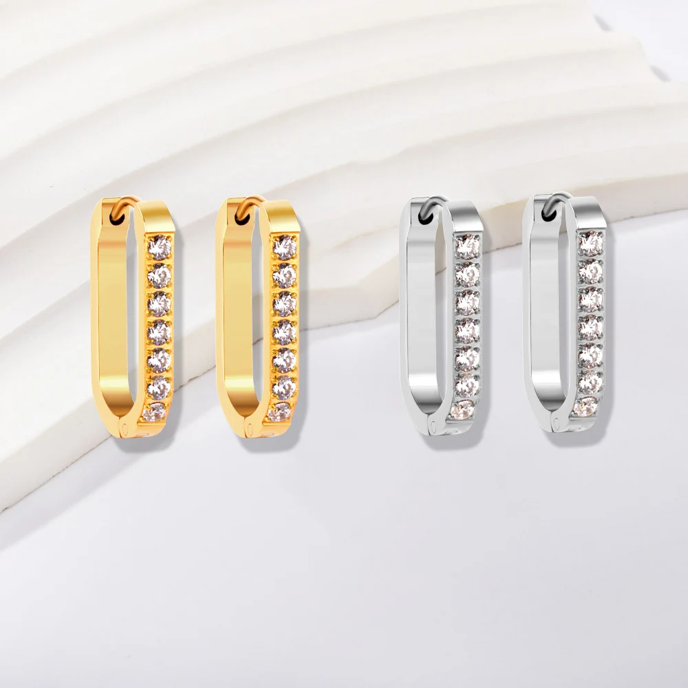 

Rectangle Hoop Earings Simple Shiny Zirconia Brincos Round Oval Shape Antiallergic Party Korean Fashion Steel Jewelry Wholesale