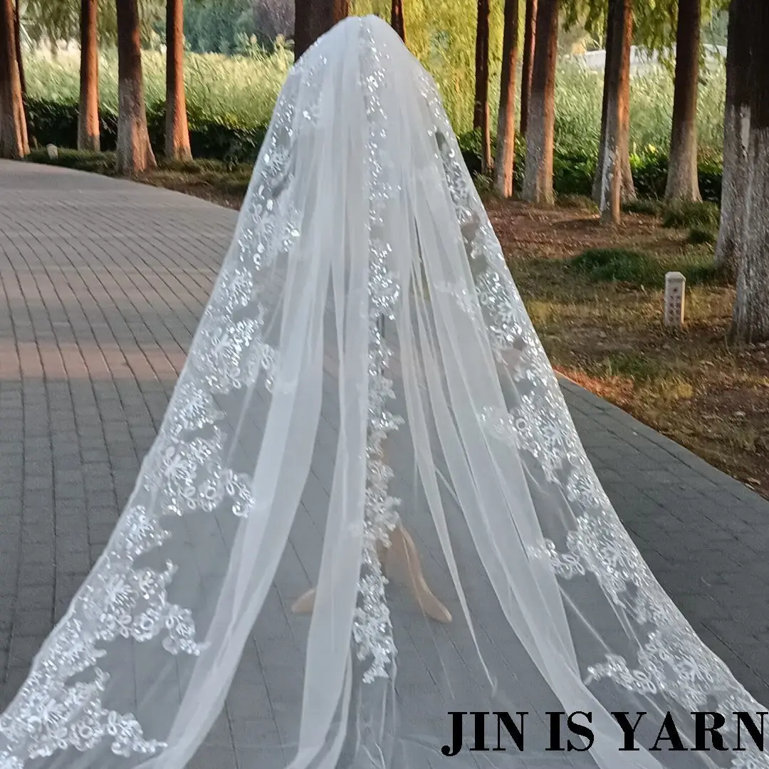 Real Photo Wedding Veil Lace Edge Long Bridal Veil Applique Sequins With Comb Cathedral One-Layer 5m bridal veil