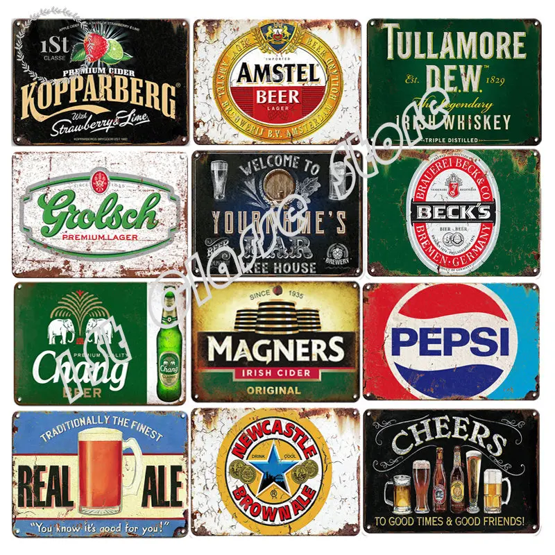 

Beer Tin Sign Classic Shabby Decorative Plaques Beer Wine Poster Art Crafts Metal Tin Sign Bar Wall Plate Printed Pictures Decor