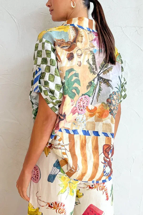 24 High Quality Fashion Casual Printing Two-piece Set Hot Selling Personalized Printed Shirt Loose Tied Waistband Wide Leg Pants