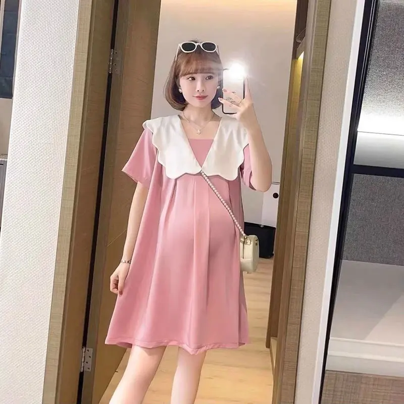 출산 짧은 치마, 느슨한 여름 출산 원피스, 달콤한 출산 핑크 원피스