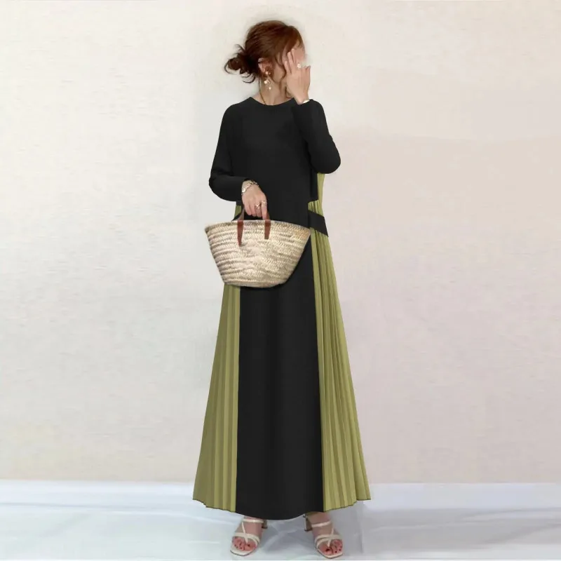 

Осень-зима 2023, новое женское контрастное плиссированное платье с длинным рукавом, свободное облегающее платье, длинное платье-пуловер для женщин