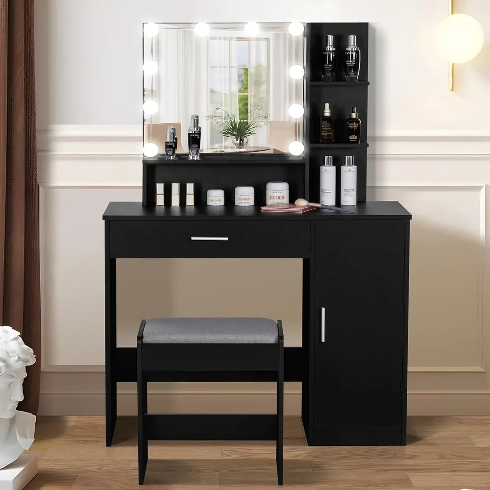 

Vanity Desk Set with 1 Drawer, 1 Cabinet & 3 Shelves, Vanity Table with Stool for Bedroom, 3 Lighting Modes & Brightness , Black