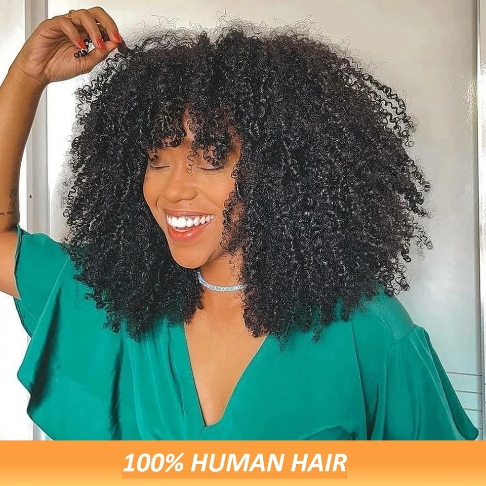 

Rebecca 250% Density Short Afro Kinky Curly Human Hair Wigs With Bangs Glueless Sassy Fluffy Growth Natural Wigs For Women