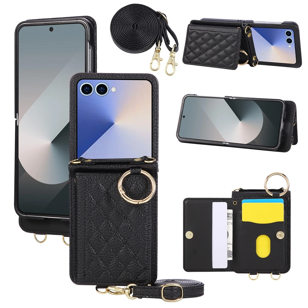 Grid Crossbody Leather Phone Case with Lanyard and Card/Cash Pocket