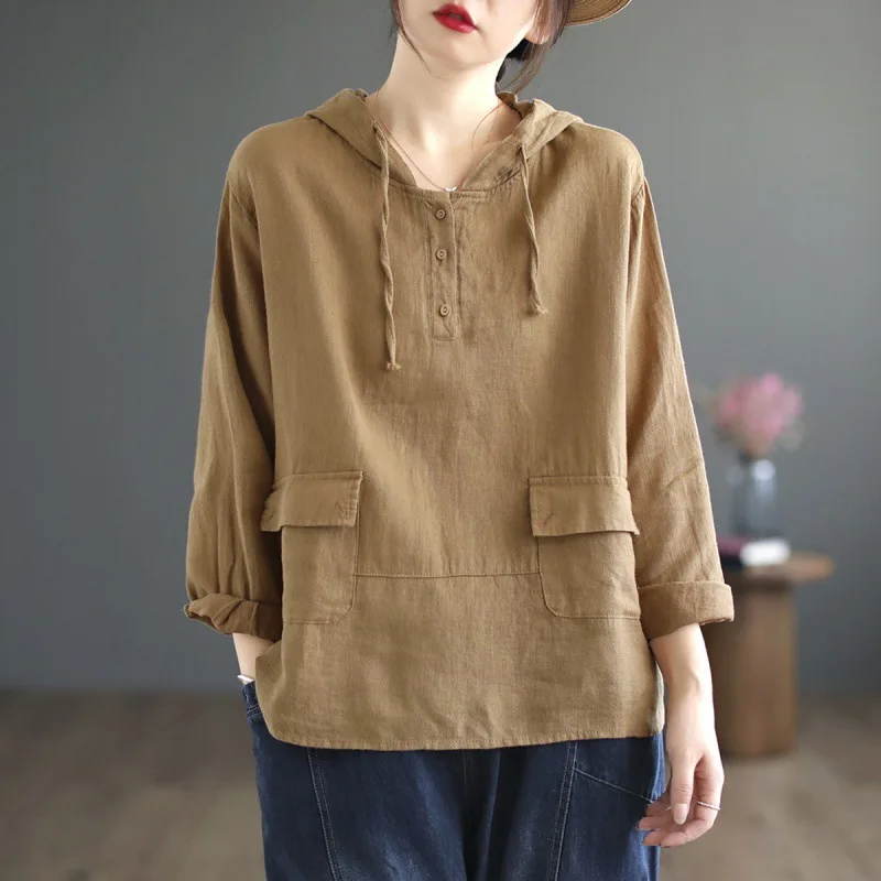 

New Summer Fashion Woman Blouse 2023 Solid Color Hooded Conventional Sleeve Casual Buttons Shirts and Blouses for Women